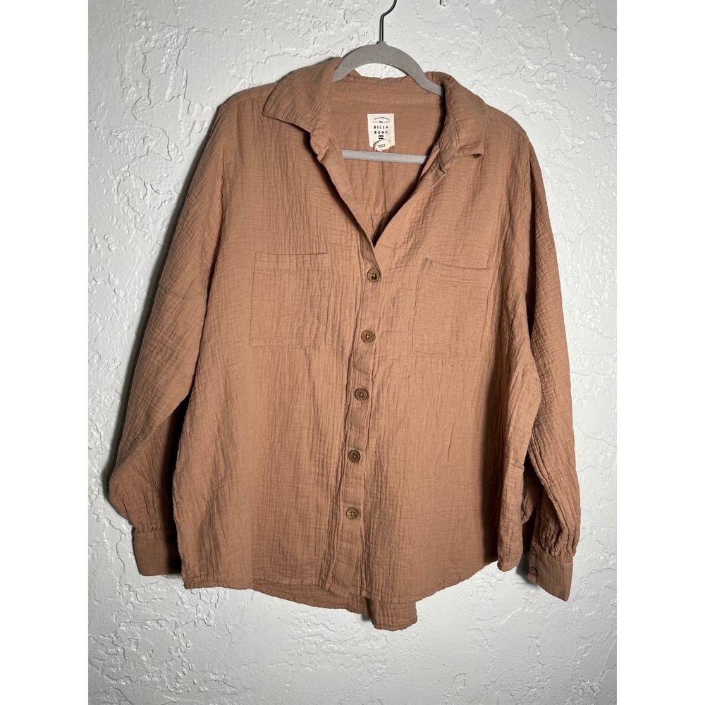 Billabong Women's L/12 Brown Gauze Button‎ Front Oversized Shirt Beach Boho